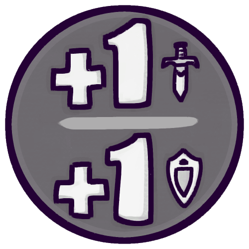 A grey circle with “+1 | +1” written inside in white block lettering. An icon of a sword is next to the “1” on top, and an icon of a shield is next to the “1” on the bottom.